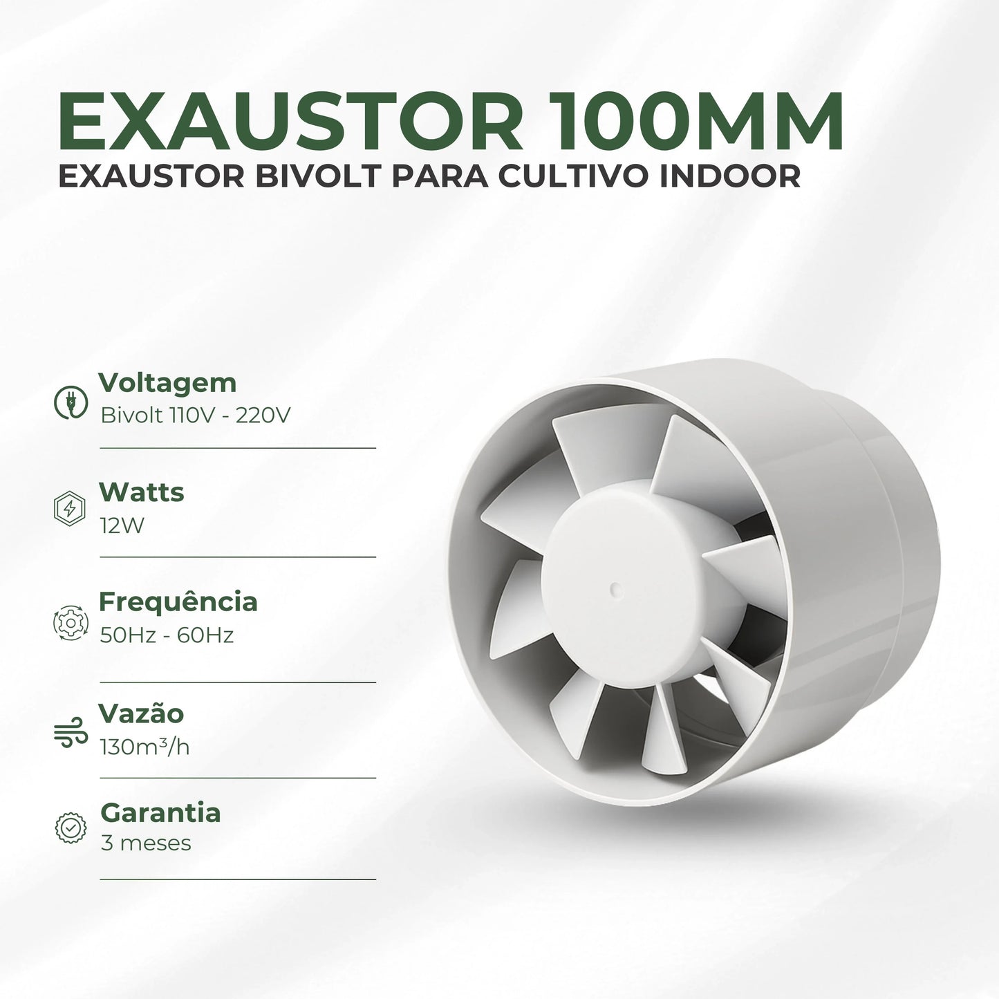 Exaustor Bivolt 100mm Cultivo Indoor Estufa Grow 12w Branco