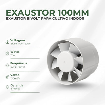 Exaustor Bivolt 100mm Cultivo Indoor Estufa Grow 12w Branco