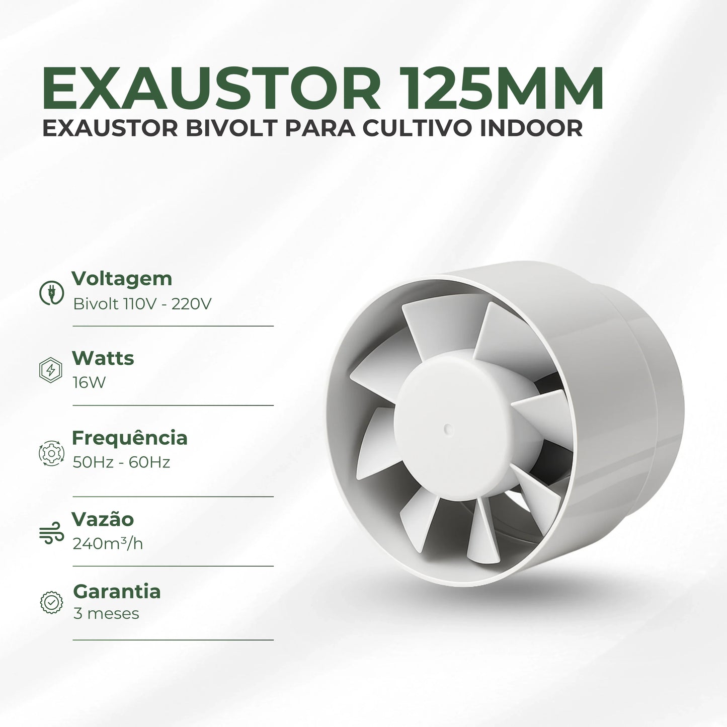Exaustor Bivolt 125mm Cultivo Indoor Estufa Grow 16w Branco