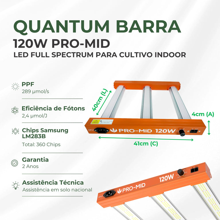 Painel de LED Quantum Barra 120W PRO-MID Chips Samsung LM283B - Cultivo Indoor